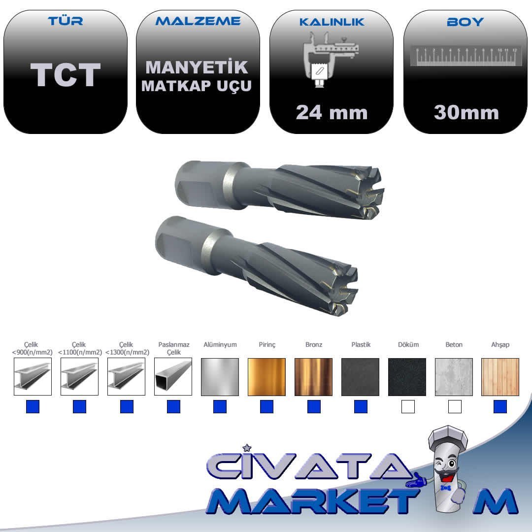 TCT ELMAS MANYETİK MATKAP UCU 24.0 X 30 mm