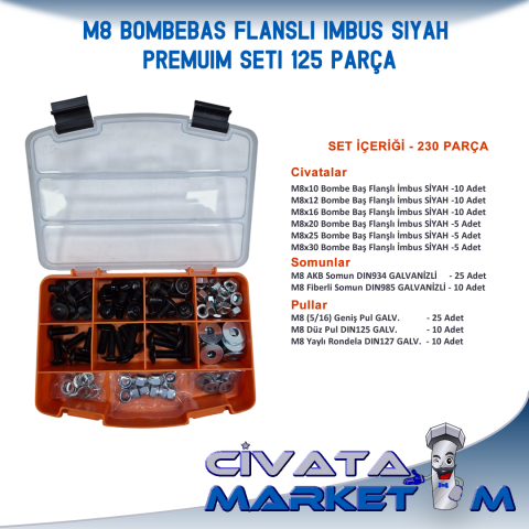 M8 Bombe Baş Flanşlı İmbus SİYAH Premium Seti 125 Parça