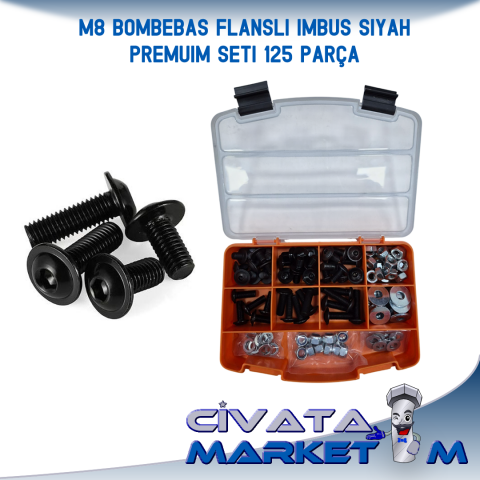 M8 Bombe Baş Flanşlı İmbus SİYAH Premium Seti 125 Parça