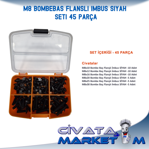 M8 Bombe Baş Flanşlı İmbus SİYAH Seti 45 Parça