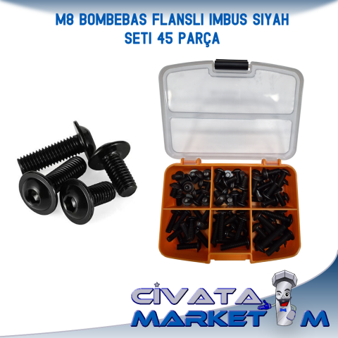 M8 Bombe Baş Flanşlı İmbus SİYAH Seti 45 Parça