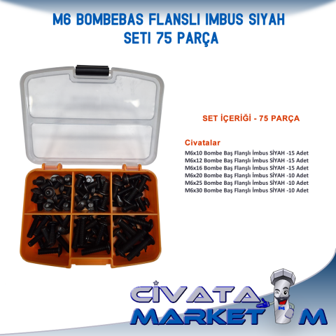 M6 Bombe Baş Flanşlı İmbus SİYAH Seti 75 Parça