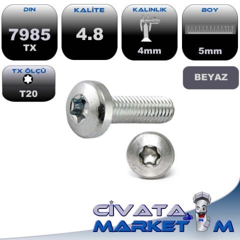 M4x5 DIN7985 TX TORX METRİK VİDA 4.8 Galv
