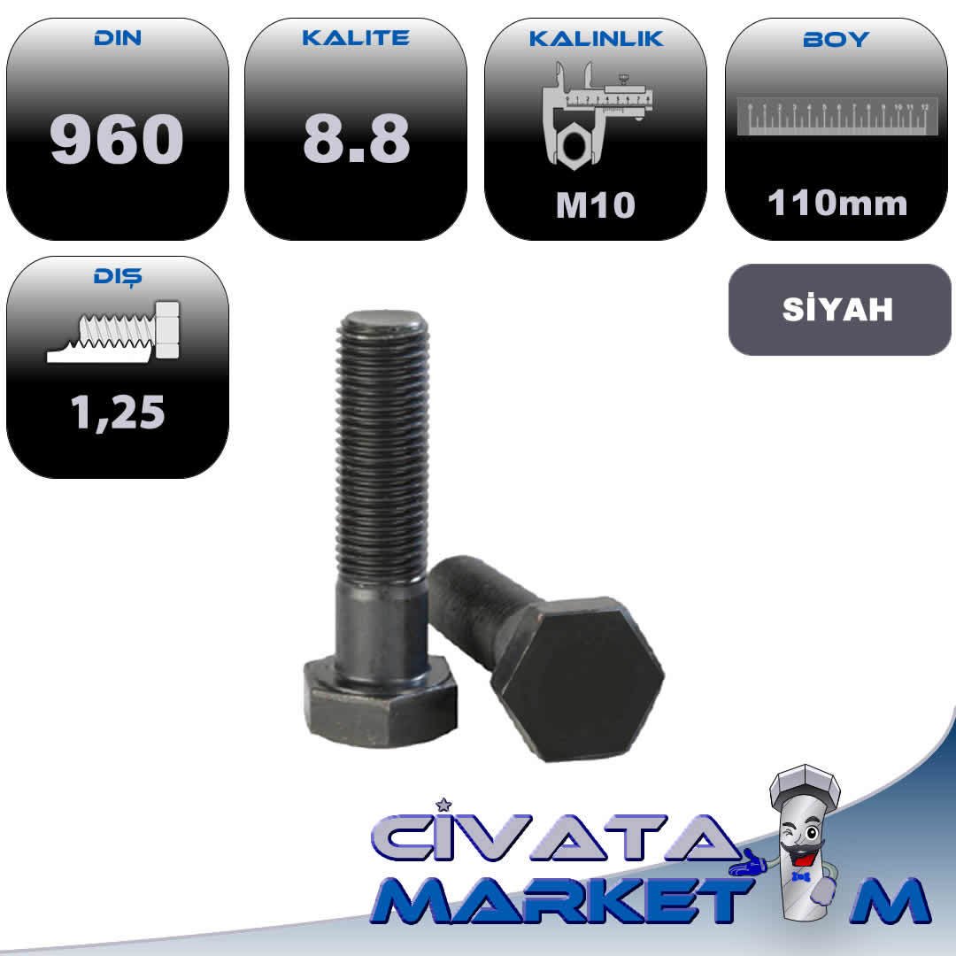 M10*110 ANAHTAR BAŞ İNCE DİŞ 1,25  YARIM PASO CİVATA 8,8