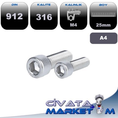 M4x25 İMBUS CİVATA DIN 912 A4 316