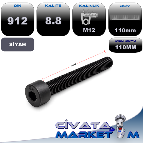 M12x110 İmbus Tam Diş DIN912 8.8 SİYAH