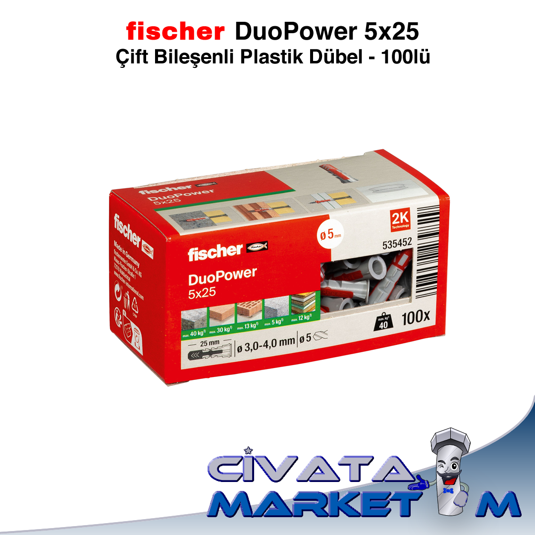 fischer DuoPower 5x25 Çift Bileşenli Dübel - 100lü