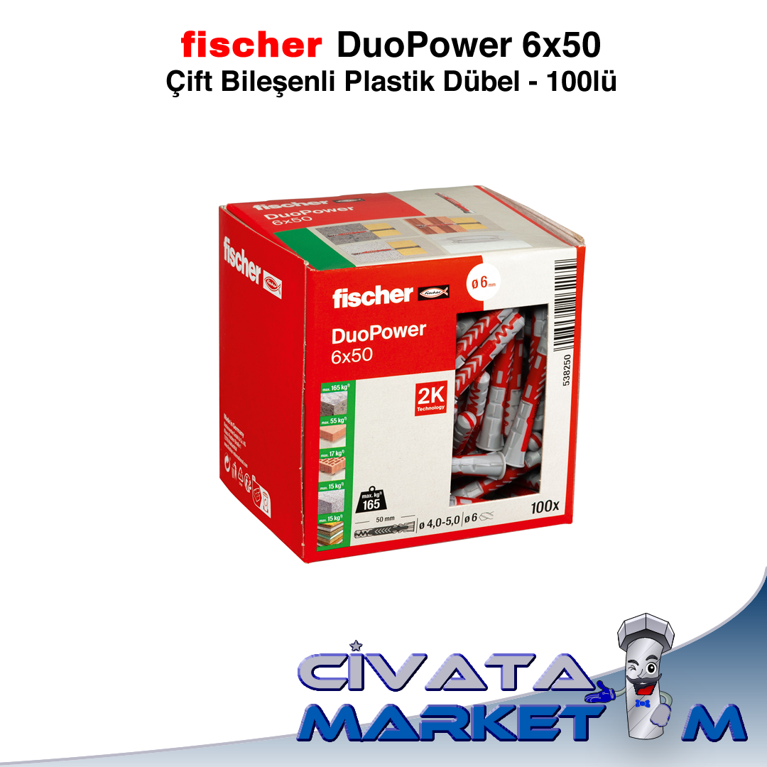 fischer DuoPower 6x50 Çift Bileşenli Dübel - 100lü