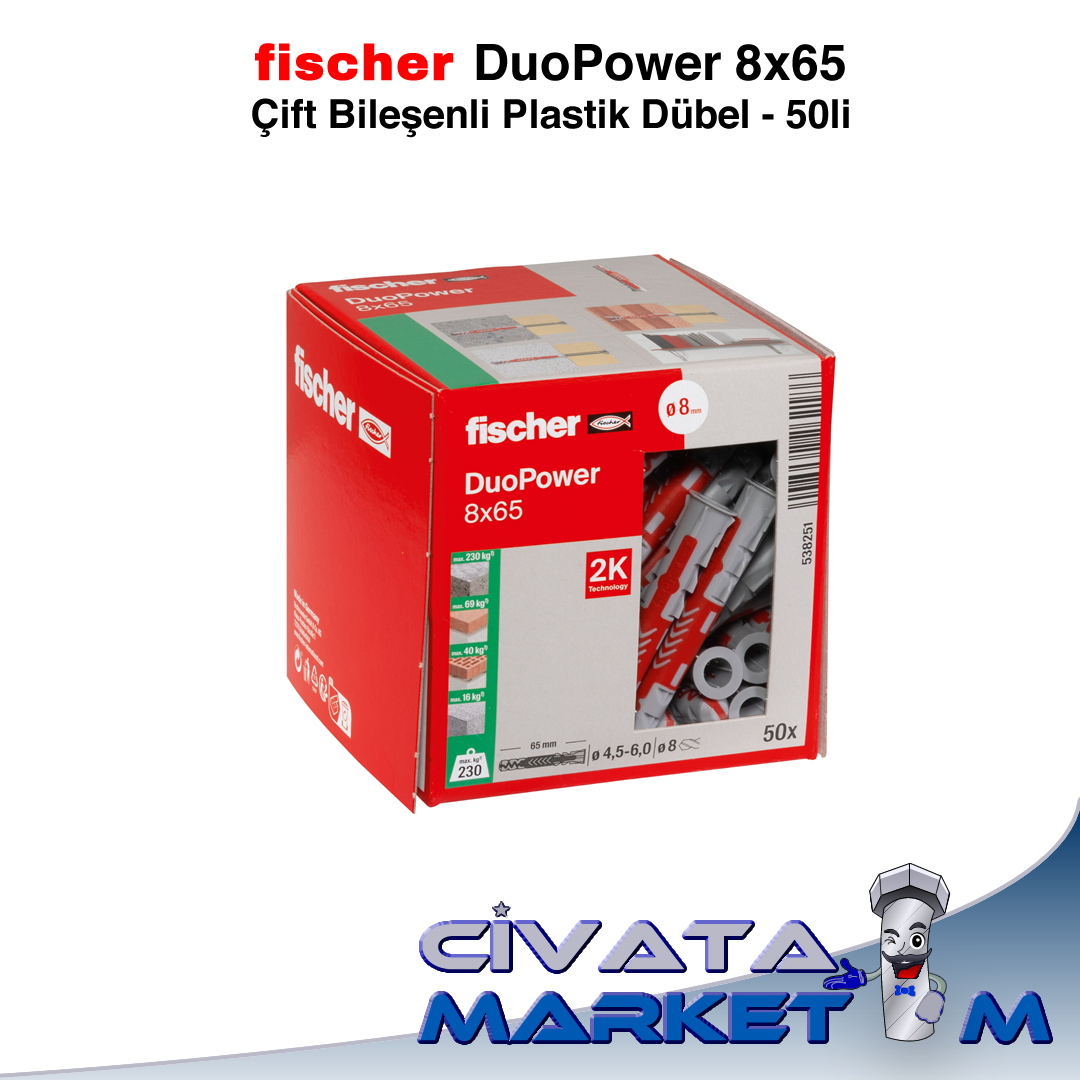 fischer DuoPower 8x65 Çift Bileşenli Dübel - 50li