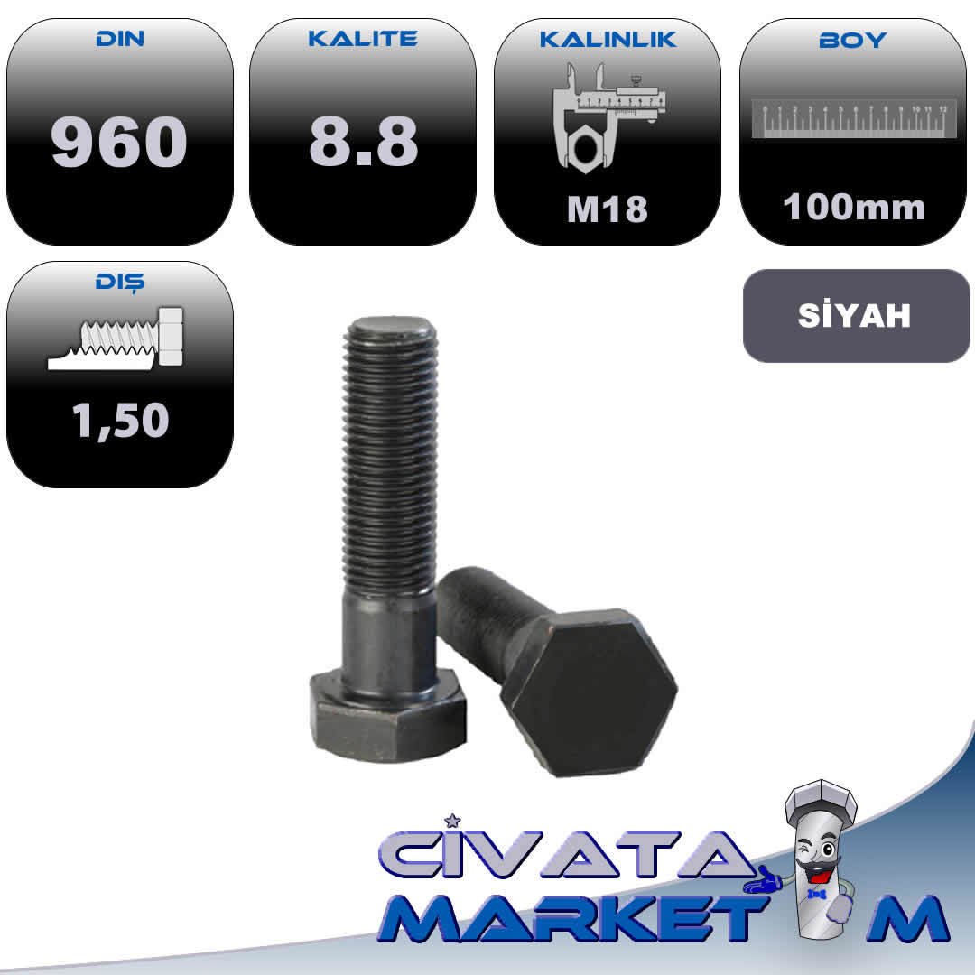 M18*100 ANAHTAR BAŞ İNCE DİŞ 1,50 YARIM PASO CİVATA 8,8