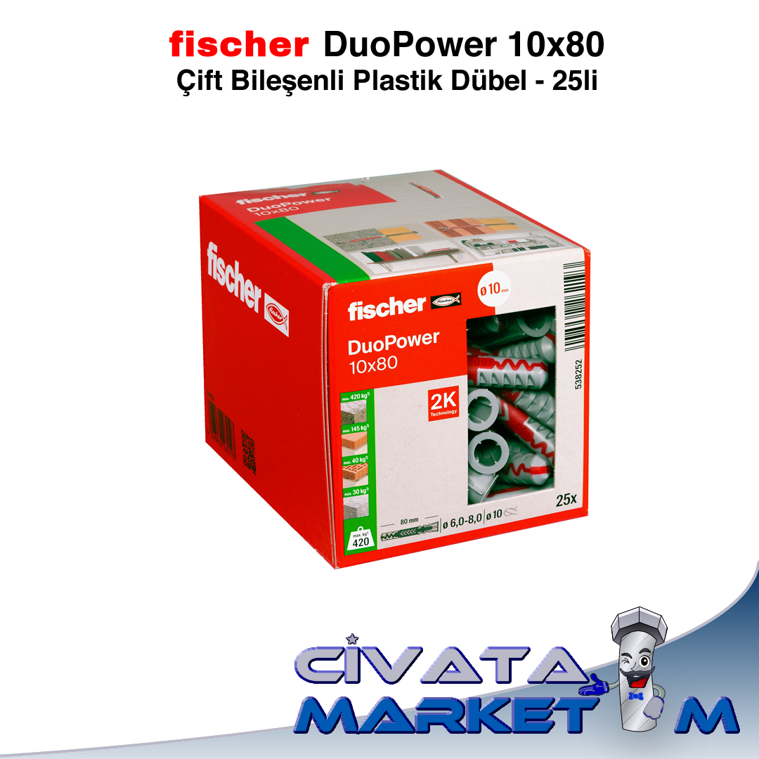 fischer DuoPower 10x80 Çift Bileşenli Dübel - 25li