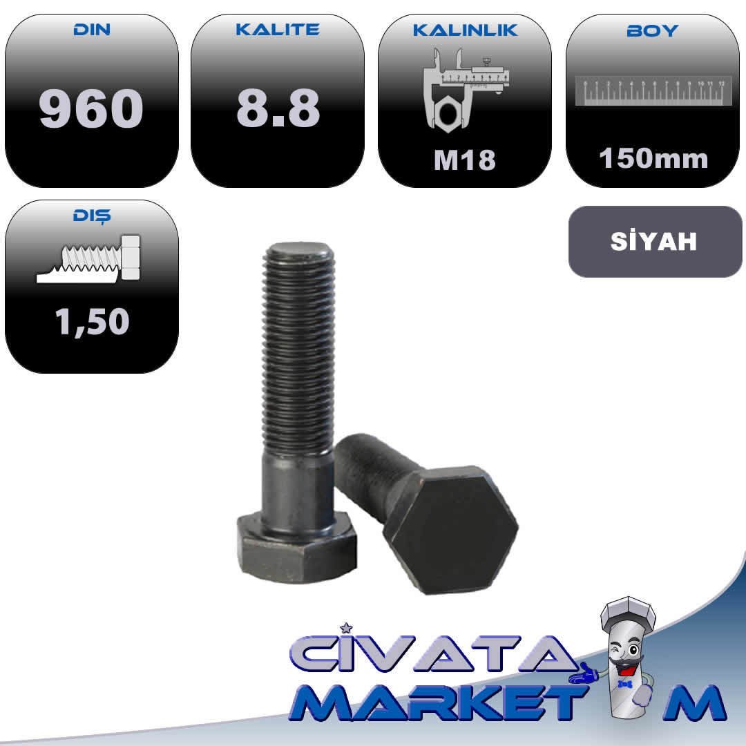 M18*150 ANAHTAR BAŞ İNCE DİŞ 1,50 YARIM PASO CİVATA 8,8