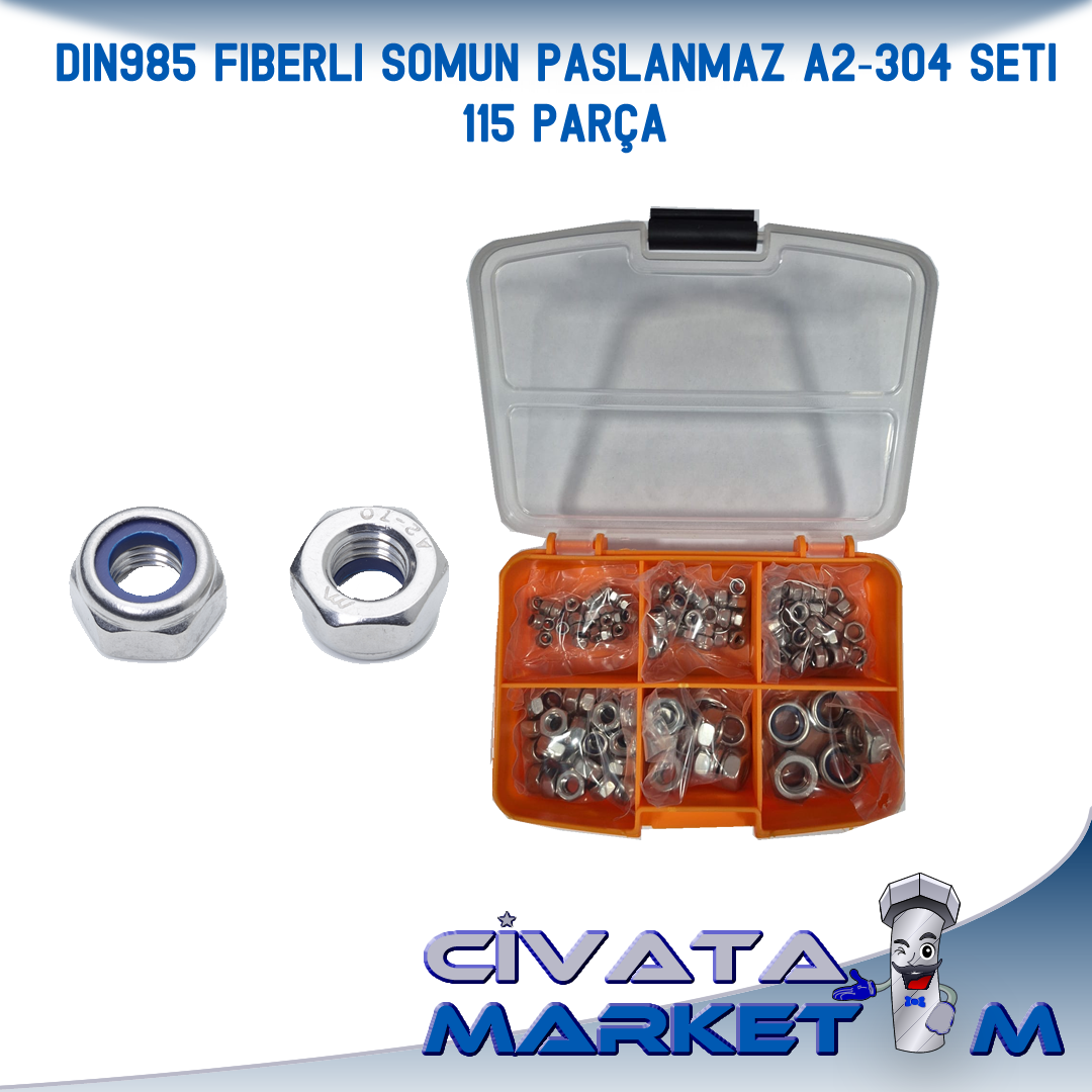 PASLANMAZ A2-304 DIN985 FİBERLİ SOMUN SETİ 115 PARÇA