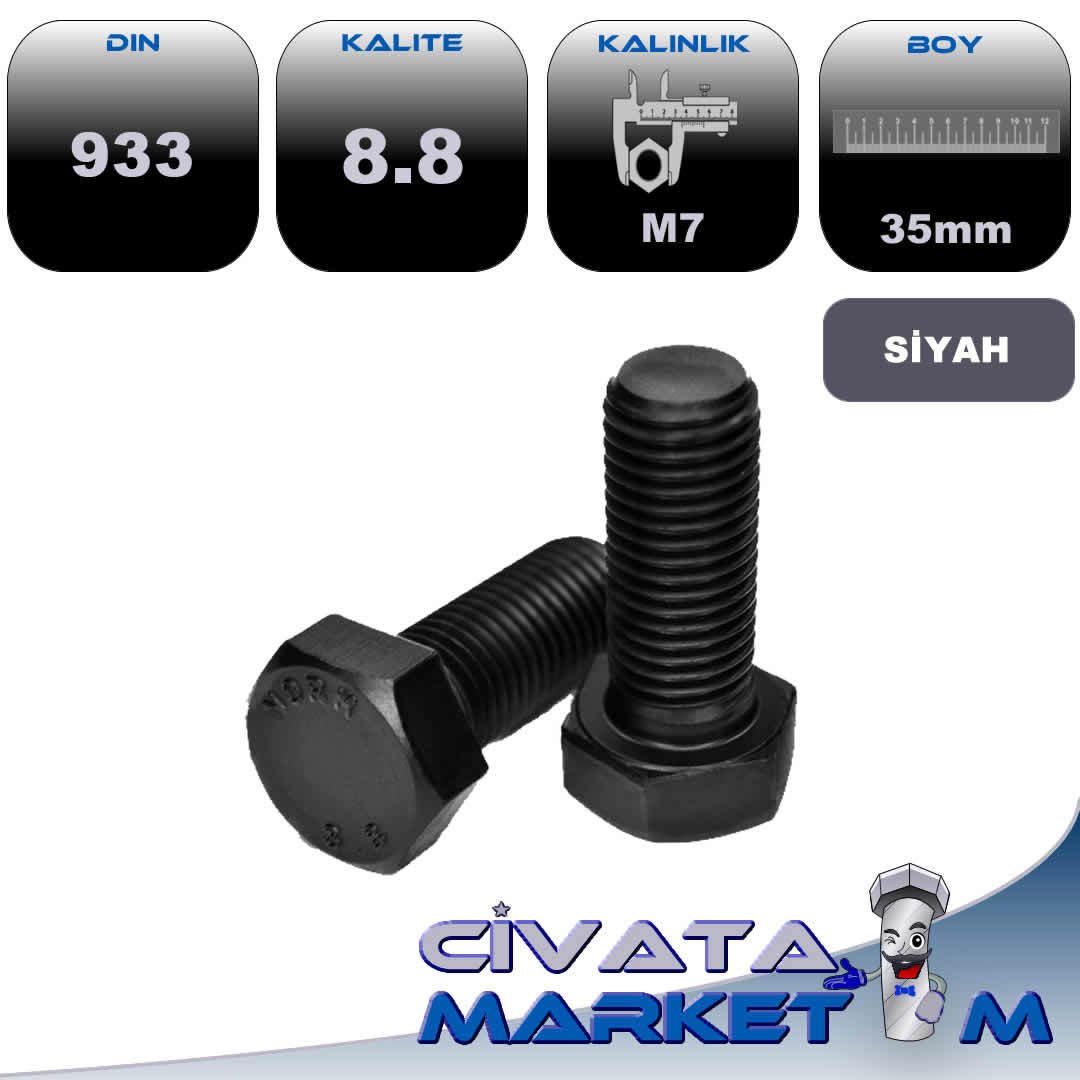 M7x35 ANAHTAR BAŞ TAM DİŞ CİVATA 8.8 SİYAH