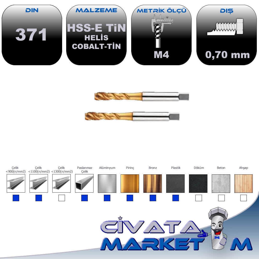 HSS-E TIN MAKİNA KLAVUZU DIN371 HELİS M4X0,7