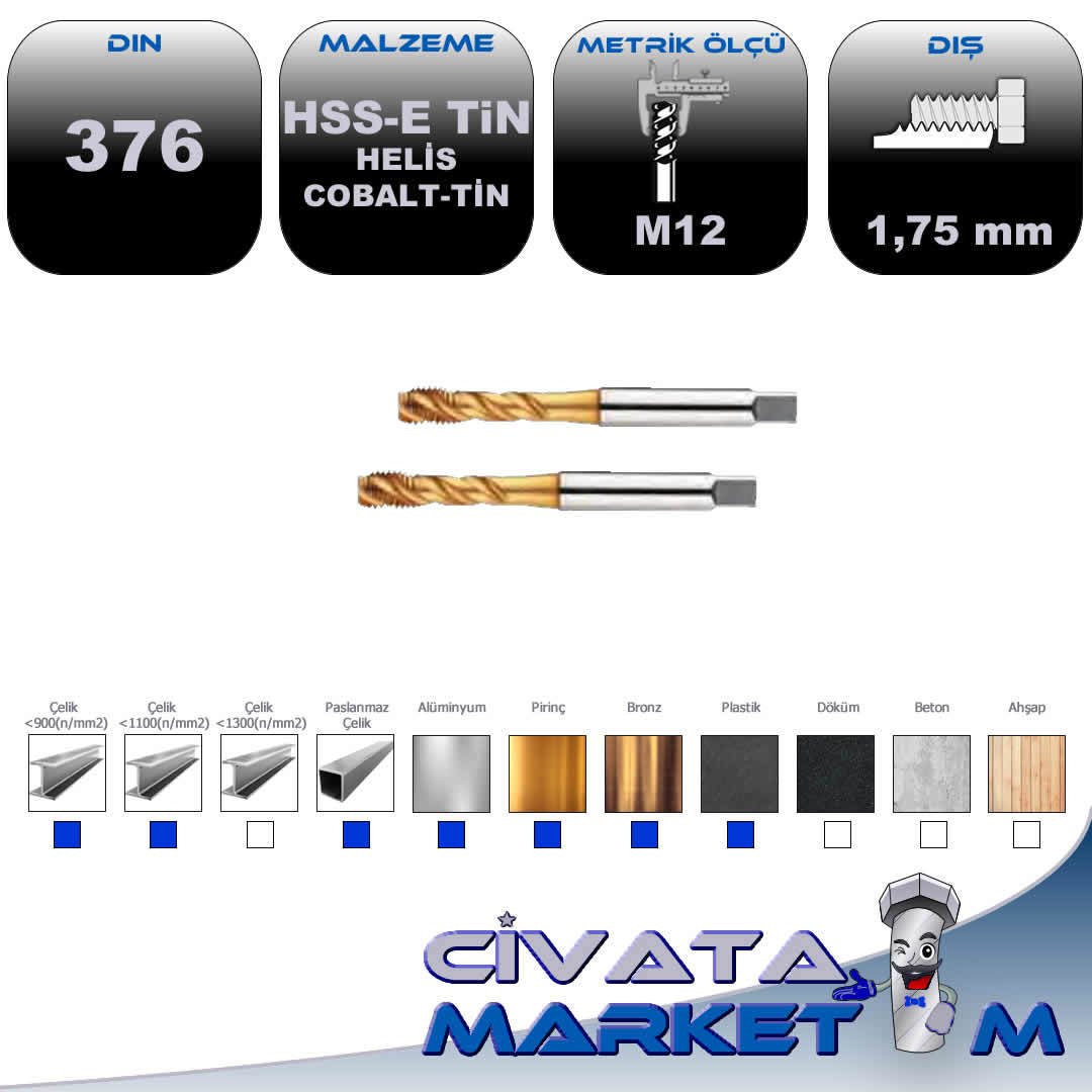 HSS-E TIN MAKİNA KLAVUZU DIN376 HELİS M12X1,75