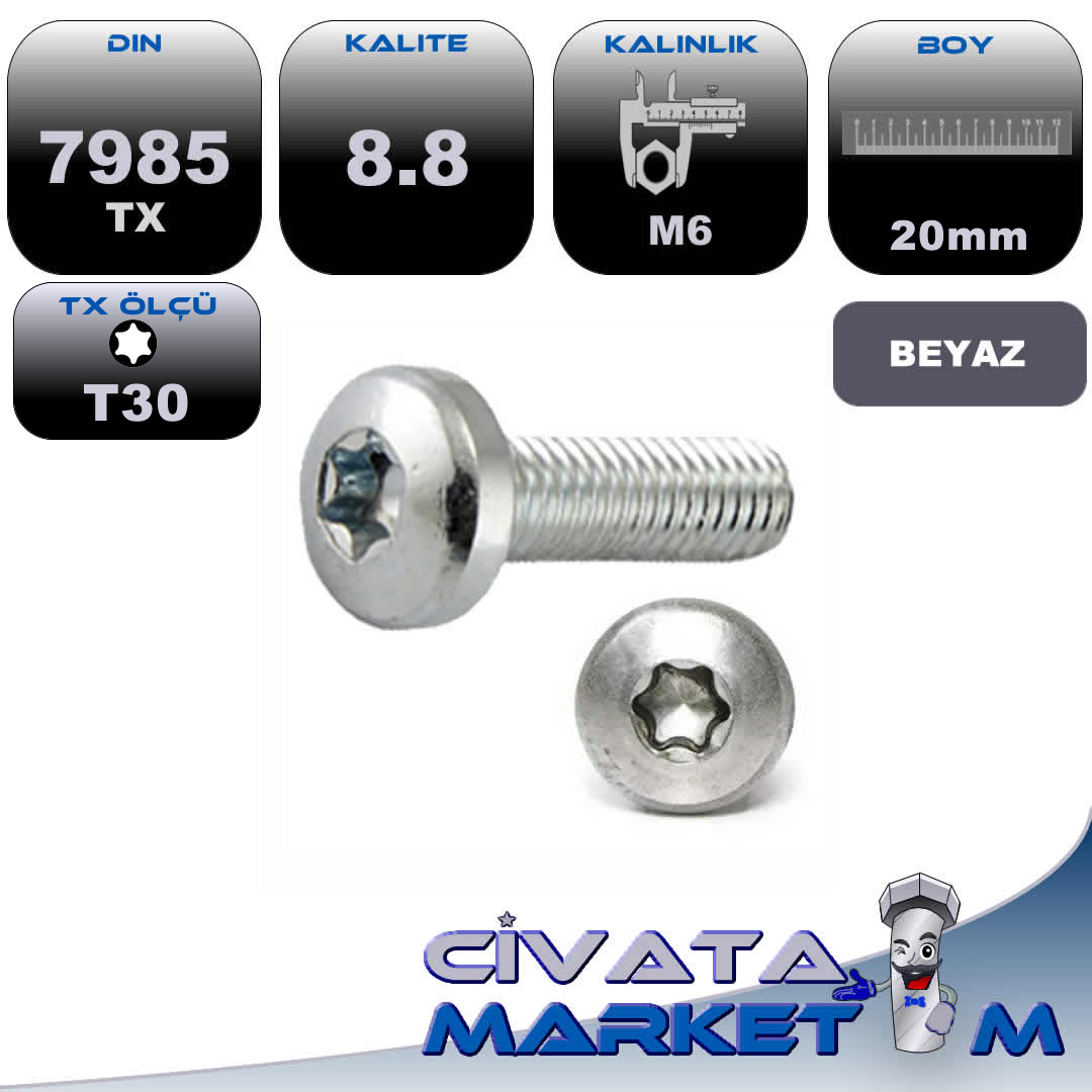 M6x20 DIN7985 TX TORX METRİK VİDA 8.8 Galv