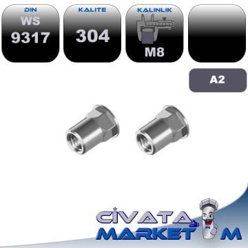 M8 SOMUNLU PERÇİN AKB ŞAPKALI WS9317 A2 304 (Dar Flanşlı)