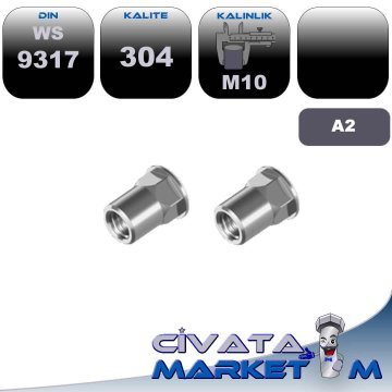 M10 SOMUNLU PERÇİN AKB ŞAPKALI WS9317 A2 304  (Dar Flanşlı)