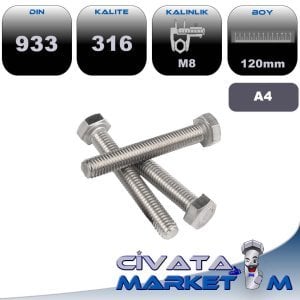 M8*120 ANAHTAR BAŞ CİVATA DIN933 A4 316