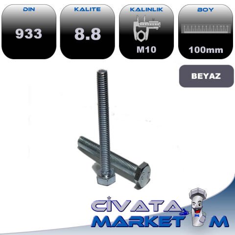 M10x100 Akb Cıvata 8.8 DIN933 Tamdiş BEYAZ