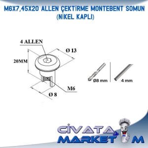 M6X7,45X20 ALLEN ÇEKTİRME MONTEBENT SOMUN (NİKEL KAPLI)