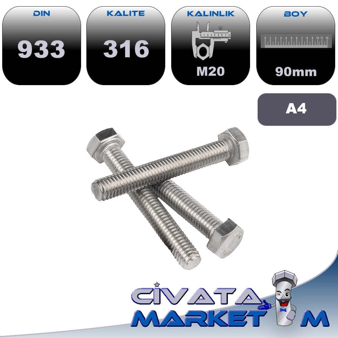 M20*90 ANAHTAR BAŞ CİVATA DIN933 A4 316
