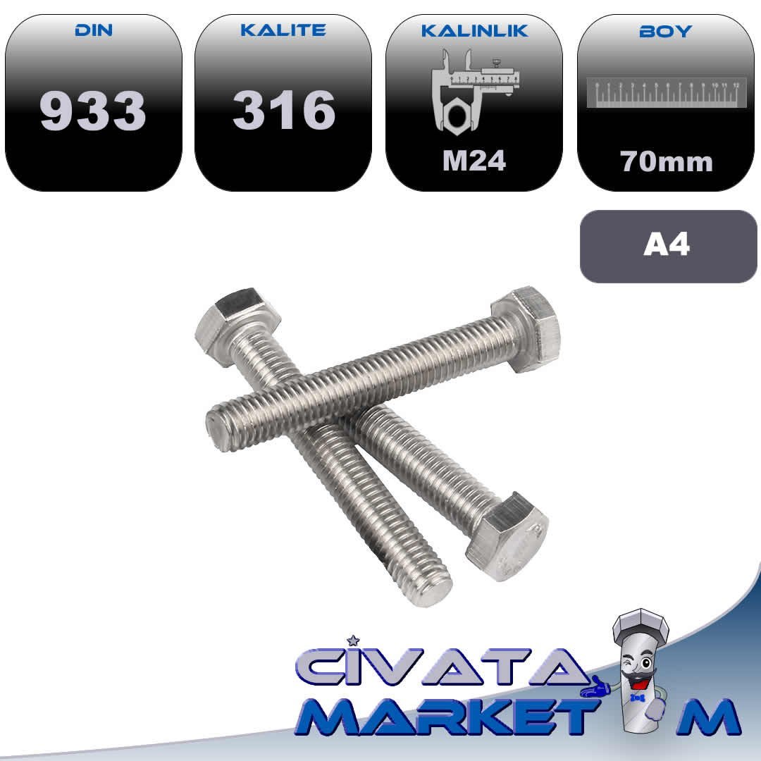 M24*70 ANAHTAR BAŞ CİVATA DIN933 A4 316