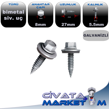 5.5x27 GES VİDA SLR KENDİNDEN DELME SİVRİ UÇLU - Galvanizli