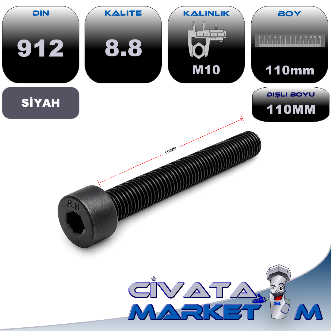 M10x110 İmbus Tam Diş DIN912 8.8 SİYAH