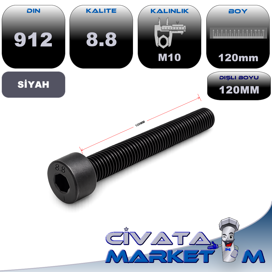 M10x120 İmbus Tam Diş DIN912 8.8 SİYAH
