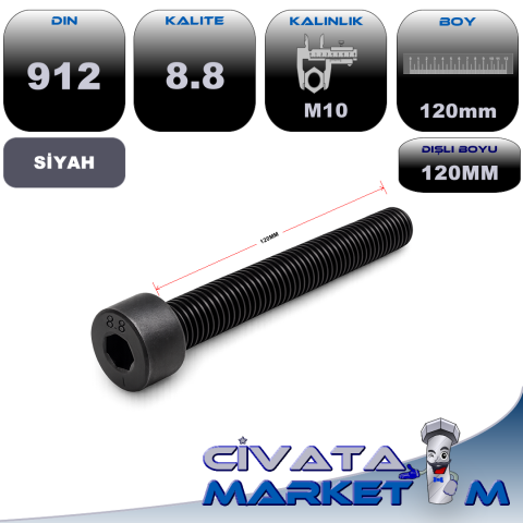 M10x120 İmbus Tam Diş DIN912 8.8 SİYAH