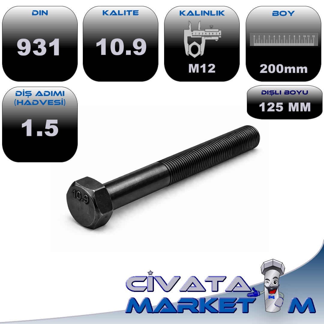 M12x1,5x200 ALTI KÖŞE BAŞ CIVATA (AKB) DIN 931 10.9 Kalite