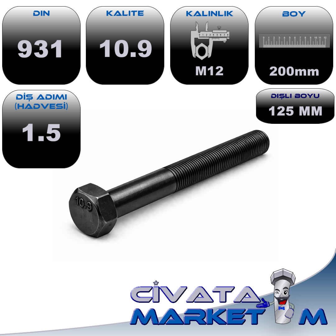 M12x1,5x200 ALTI KÖŞE BAŞ CIVATA (AKB) DIN 931 10.9 Kalite