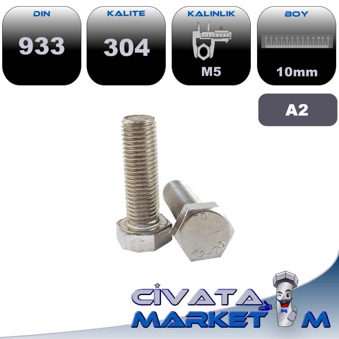 M5x10 ALTIKÖŞE BAŞ CİVATA DIN933 A2