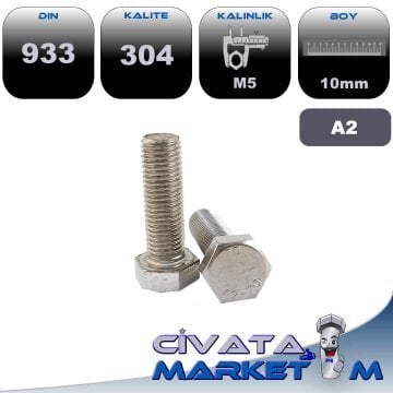 M5x10 ALTIKÖŞE BAŞ CİVATA DIN933 A2