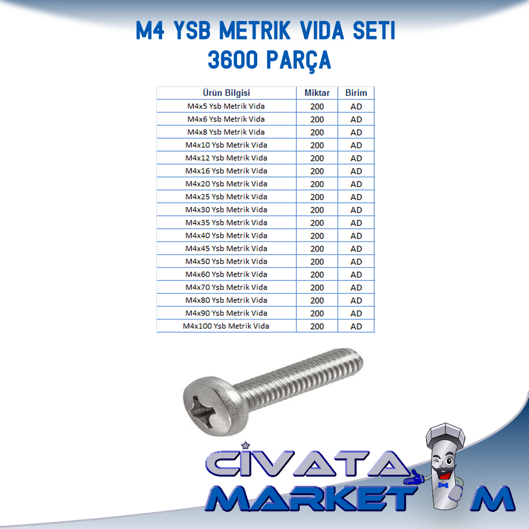 M4 YSB Metrik Vida Seti DIN7985  - 3600 PARÇA