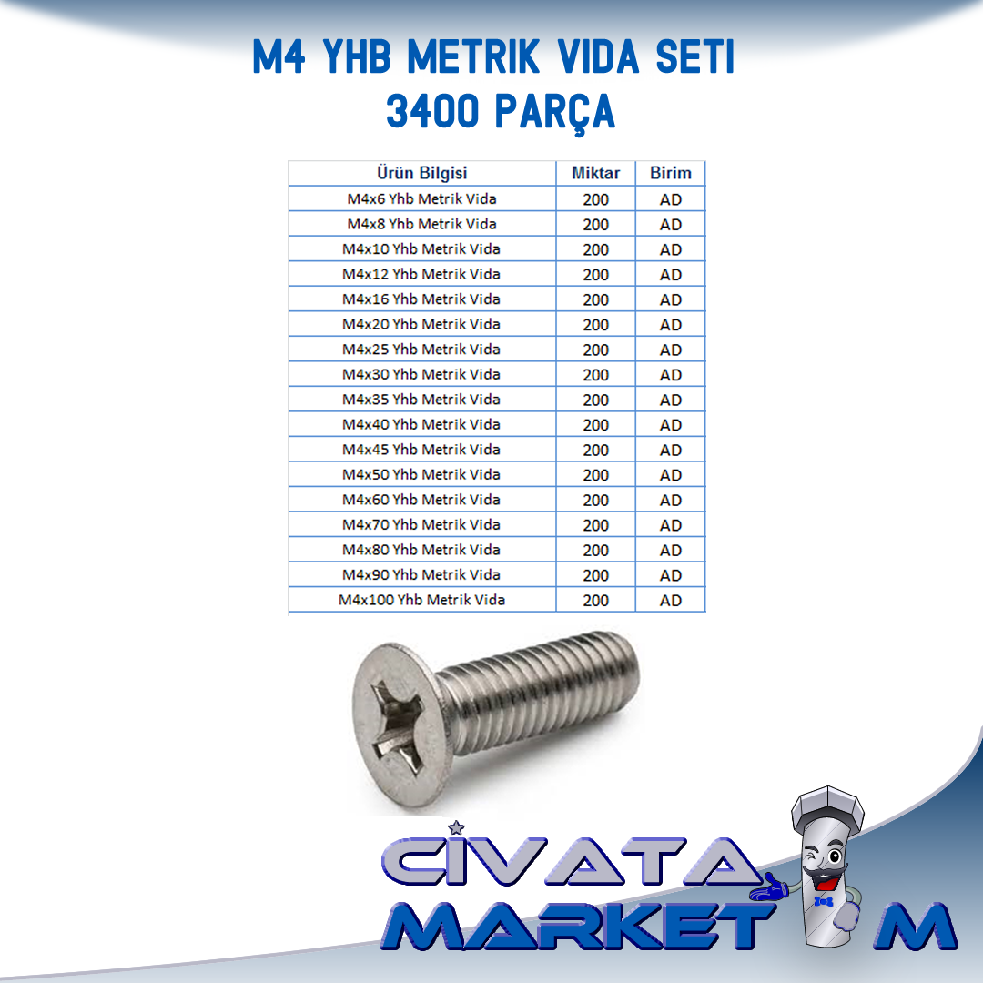 M4 YHB Metrik Vida Seti DIN965  - 3400 PARÇA