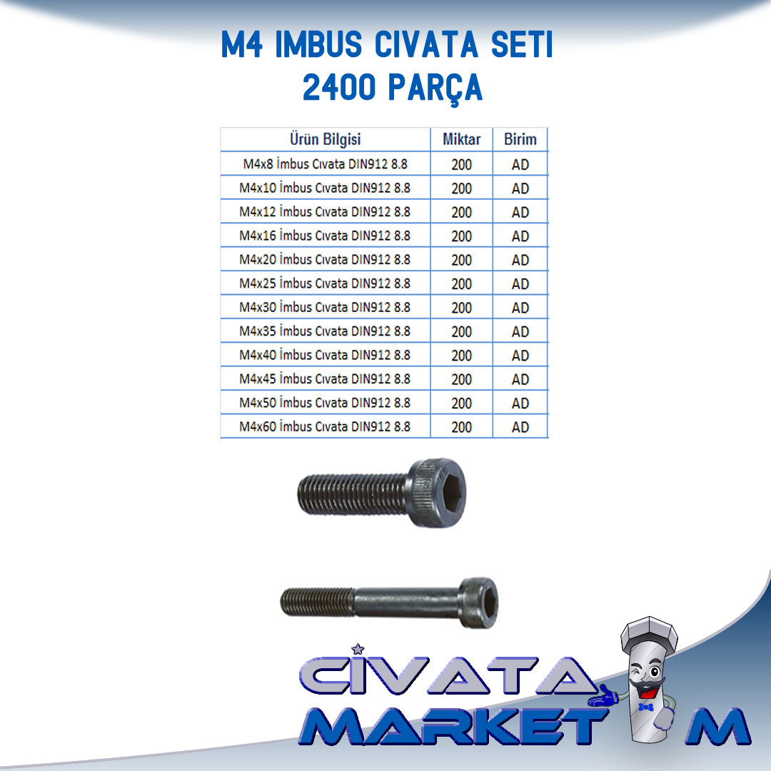 M4 İMBUS CIVATA Seti DIN912 8.8 Kalite  - 2400 PARÇA