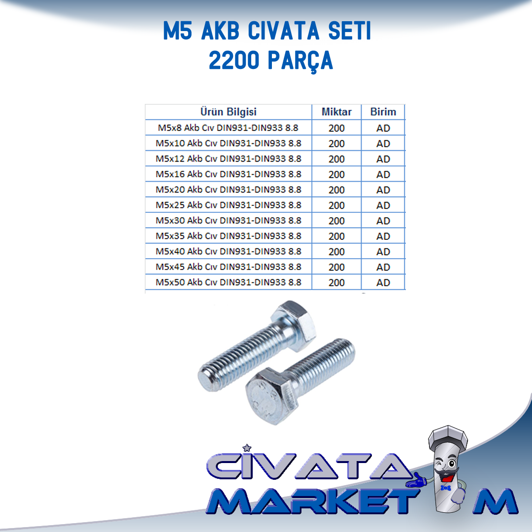 M5 AKB CIVATA Seti DIN931 - DIN933 8.8 Kalite  - 2200 PARÇA