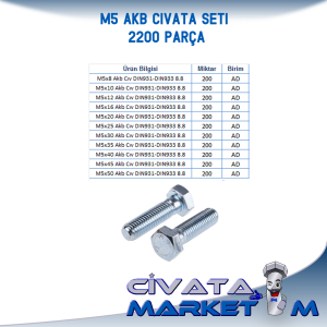 M5 AKB CIVATA Seti DIN931 - DIN933 8.8 Kalite  - 2200 PARÇA