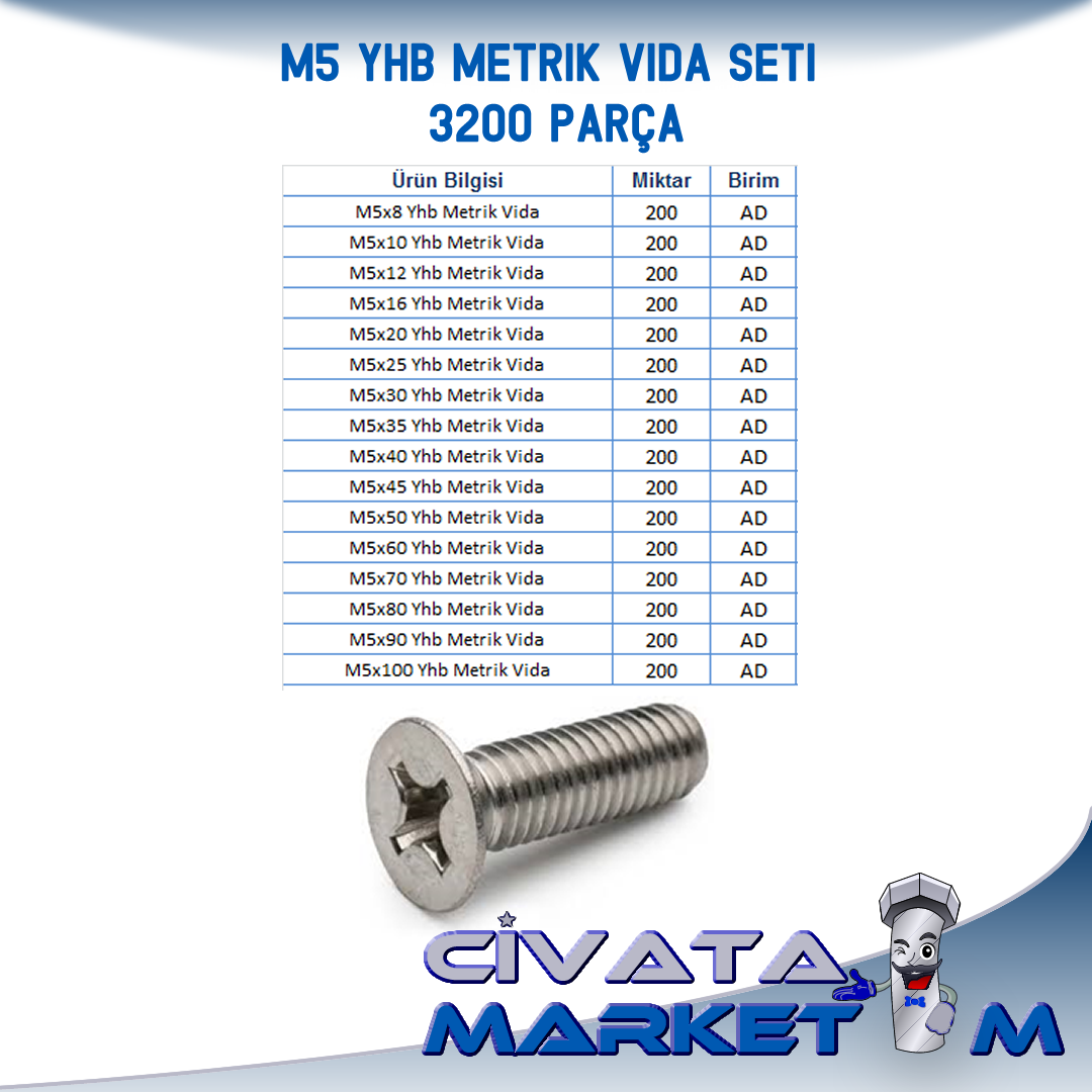 M5 YHB Metrik Vida Seti DIN965  - 3200 PARÇA