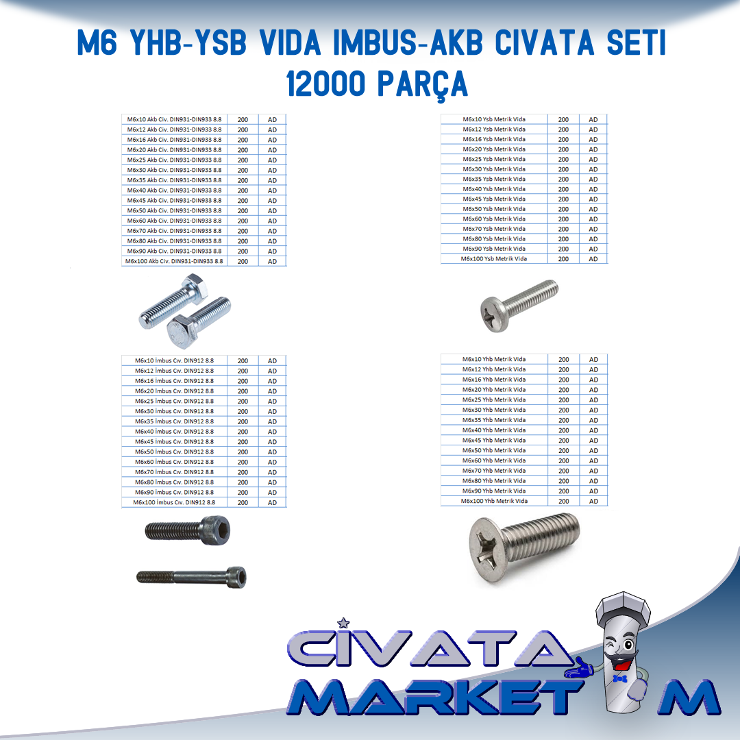 M6 AKB - İMBUS - YHB - YSB CIVATA VİDA SETİ 12000 PARÇA