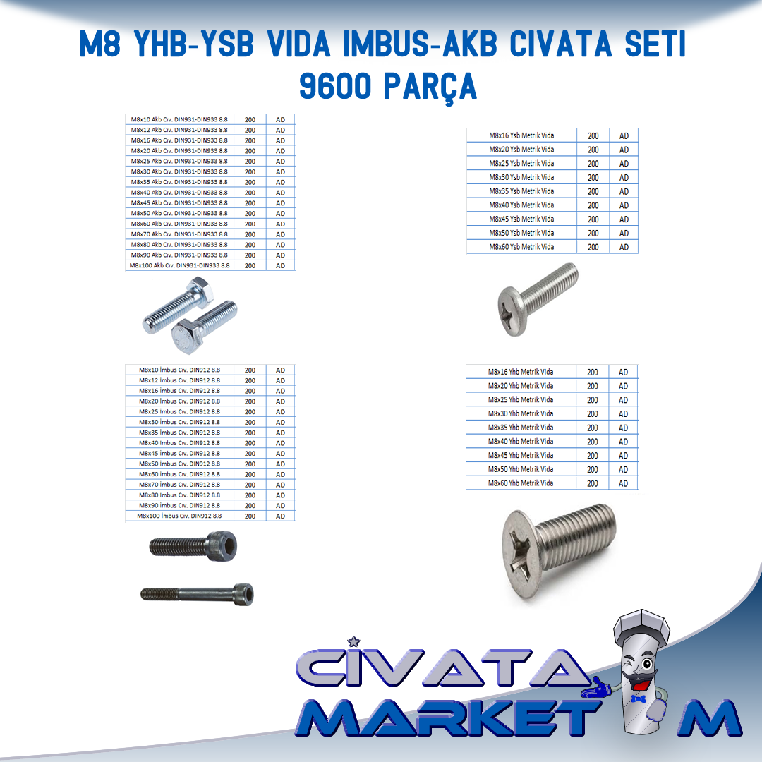 M8 AKB - İMBUS - YHB - YSB CIVATA VİDA SETİ 9600 PARÇA