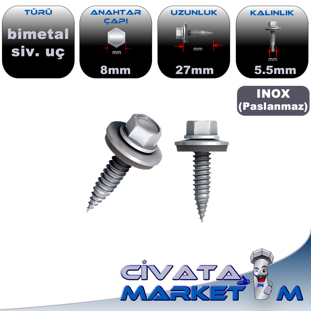 5.5x27 GES VİDA SLR KENDİNDEN DELME SİVRİ UÇLU - Inox Paslanmaz