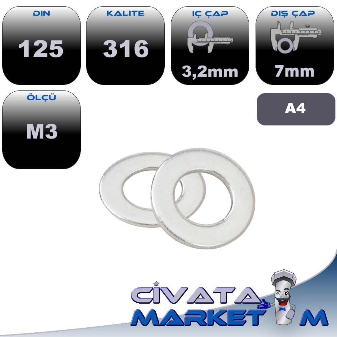 M3 DÜZ PUL DIN 125 A4 316