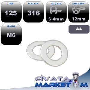 M6 DÜZ PUL DIN 125 A4 316