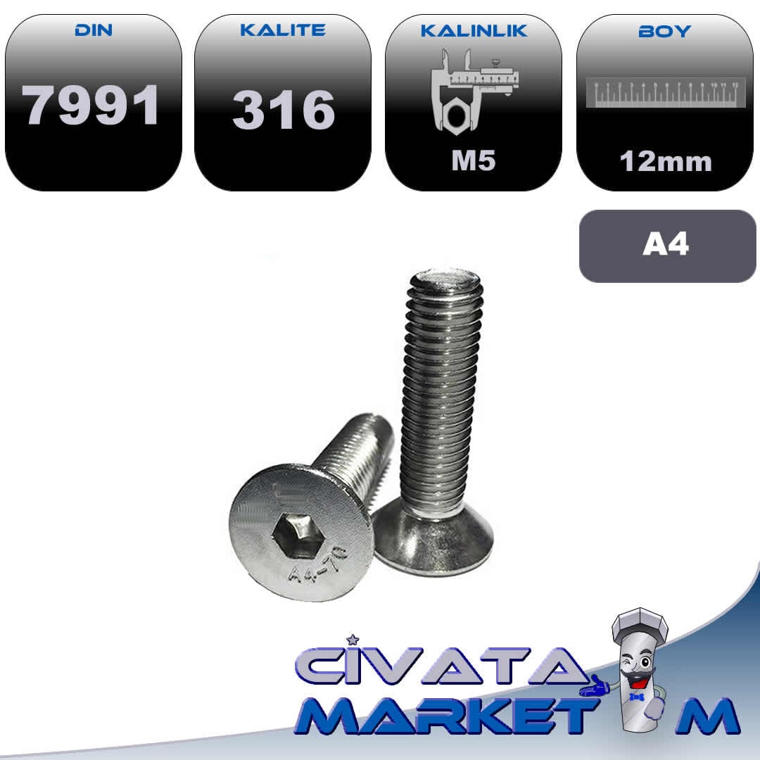 M5x12 HAVŞA BAŞ İMBUS UNI5953 A4 316