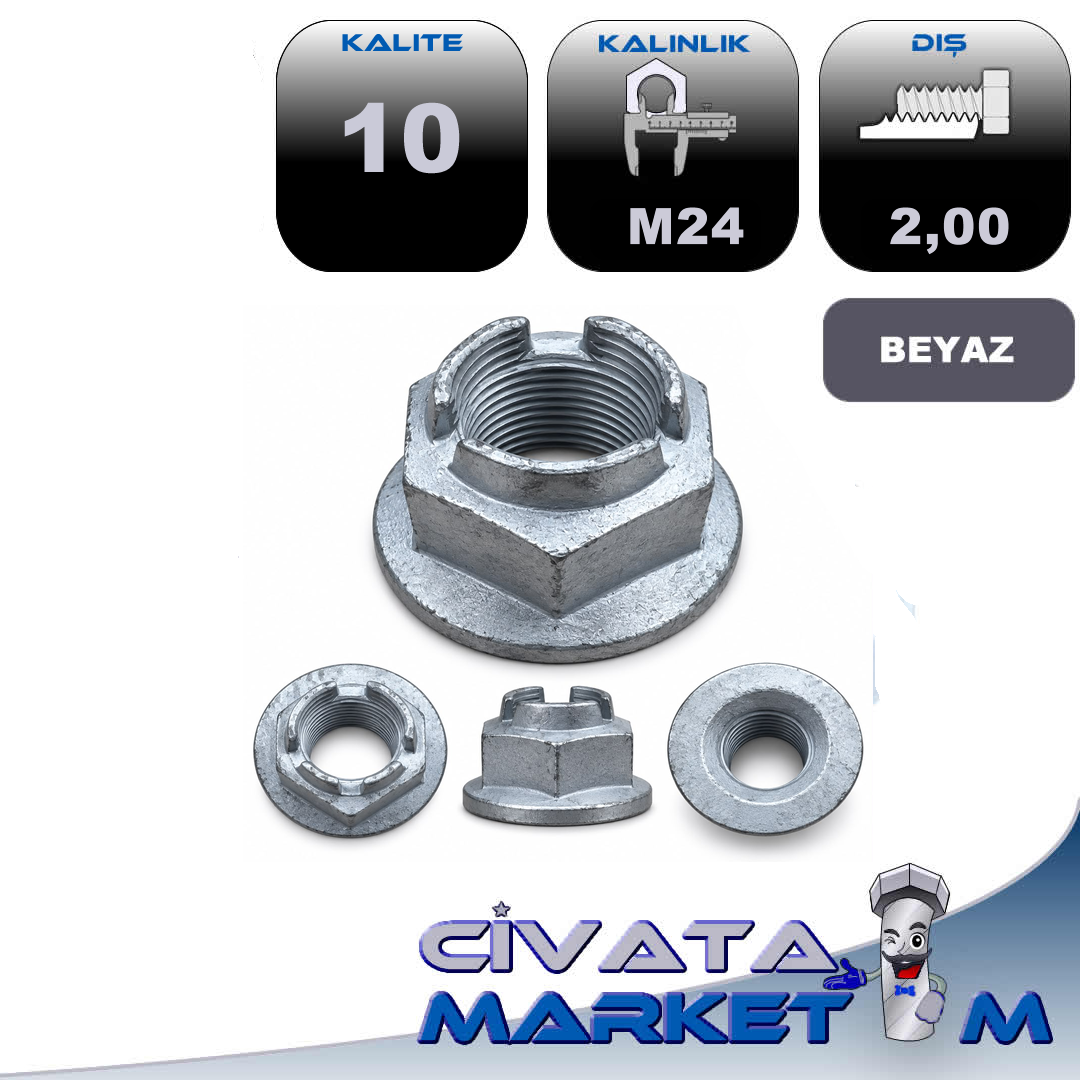 M24x2 Aks Mil Somunu 10 Kalite Geomet Kaplı 36 Anahtar 51 mm Flanşlı
