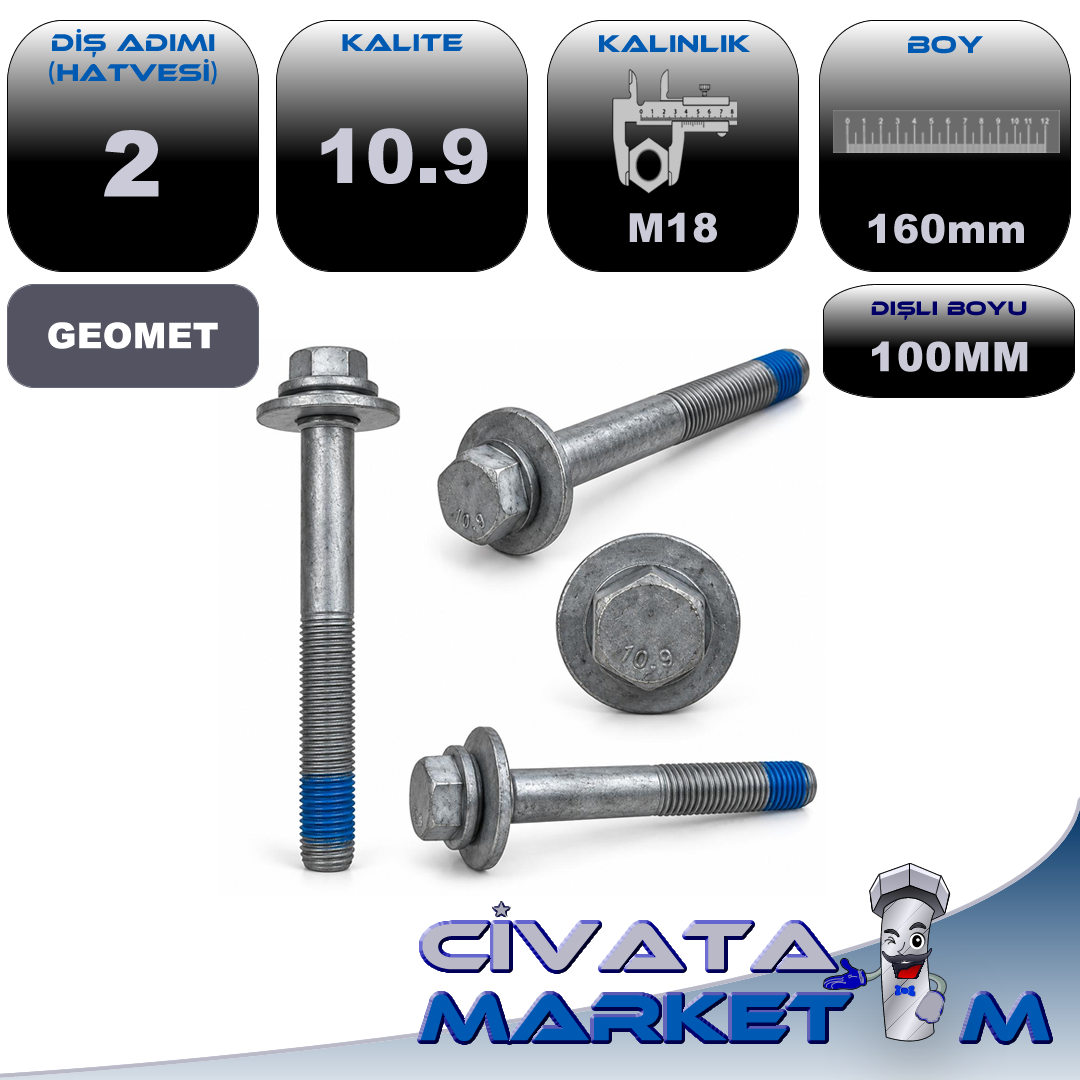 M18x2x160 Flanşlı Ekstra Geniş Pullu Civata – 10.9